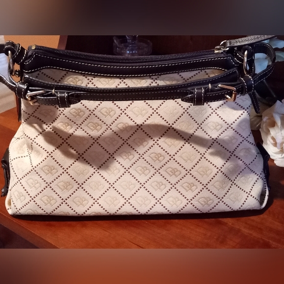 Dooney and Bourke East West Slouch canvas signature fabric. Cream and brown. - Picture 2 of 16